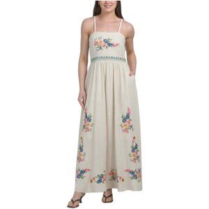 SOLITAIRE Linen Blend Sleeveless Needlepoint Floral Maxi Dress